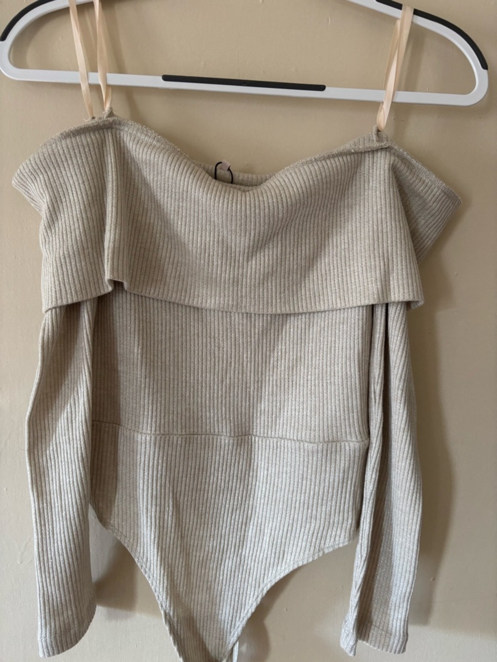 BCBGeneration Off-Shoulder Ribbed Bodysuit in Light Beige